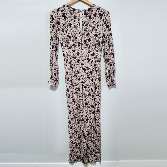FREE PEOPLE Some Like It Hot Floral Jumpsuit Long Sleeve Deep V-Neck Women's 0 - Picture 2 of 16